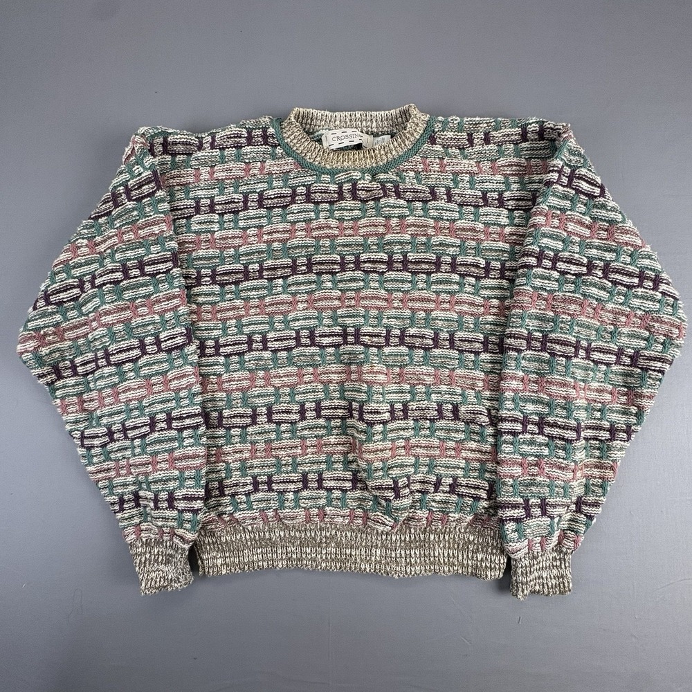 Crossings Vintage 3D Textured Knit Sweater Mens XL Cotton Geometric Made in USA